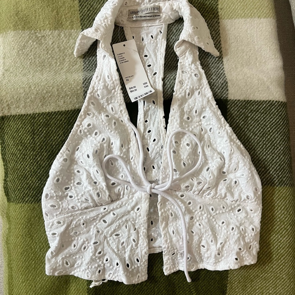 NWT! Urban Outfitters " Back in Business" Tie-front White Eyelet Halter Top